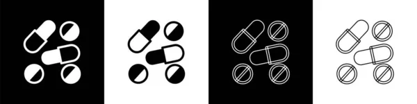Set Medikamentenpille Oder Tablette Symbol Isoliert Auf Schwarz Weißem Hintergrund — Stockvektor