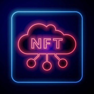 Parlayan neon bulutu simgesi siyah arkaplanda izole edildi. Para iadesi olmayan jeton. Dijital kripto sanat konsepti. Vektör