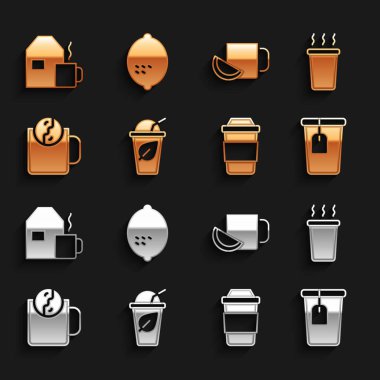 Bir fincan çay, yaprak, torba, çay saati, limon, süt ve limon ikonu. Vektör