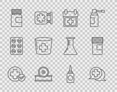 Cross hastanesi sağlık kontrolü, doktorla diyalog, doktor randevusu, Otolaryngological baş reflektörü, ilaç şişesi, hemşire şapkası haçı, burun spreyi ve ikon. Vektör