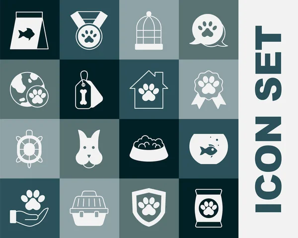 Set Bolsa Comida Para Mascotas Acuario Con Peces Símbolo Premio — Archivo Imágenes Vectoriales