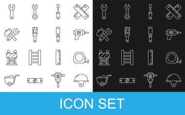 Hat güvenliği kaskı, rulet inşaatı, elektrikli matkap, tornavida, boya fırçası, çekiç ve anahtar anahtarı, İngiliz anahtarı ve Rasp metal dosya simgesi. Vektör