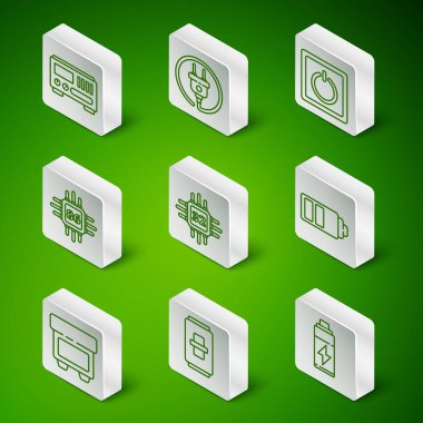 Hat bataryasını, elektrik düğmesini, elektrik ölçüm aletlerini, işlemcili işlemciyi, fiş, fiş ve şarj seviyesi gösterge simgesini ayarla. Vektör