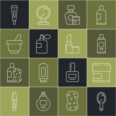 El aynası, krem losyon kozmetik tüp, bir şişe şampuan, parfüm, havan topu ve ruj ikonu. Vektör