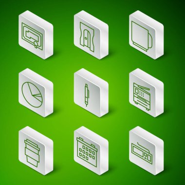 Satır satırı, Klavye, Takvim, Sertifika şablonu, Pen, Pasta grafiği bilgisi, Kalem açacağı, kahve kupası ve yazıcı simgesi. Vektör