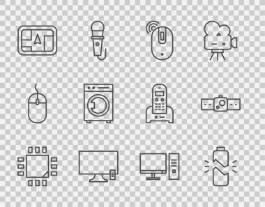 Hat işlemcisini mikrodevreli olarak ayarla, bozuk pil, kablosuz bilgisayar faresi, Smart Tv, GPS haritası, Yıkama, Bilgisayar monitörü ve Smartwatch simgesi. Vektör