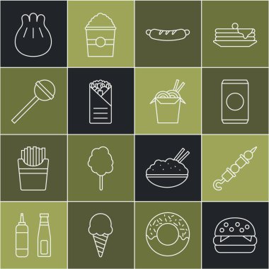 Sabit hat Burger, ızgara şiş kebap, samanlı soda, Hotdog sandviçi, Doner, Lollipop, Khinkali kesim tahtası ve Asya erişte çubuğu ikonu. Vektör