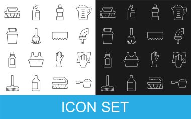 Hat temizleme tozu, temizlik servisi, pencereler için lastik temizleyici, şişe temizleme aracı, tüy süpürgesi, çöp kutusu, fırça ve sünger ikonu. Vektör