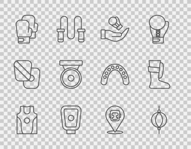 Boks forması ve tişört, kum torbası, eldiven, patiler, gong, miğfer ve spor ayakkabı ikonu. Vektör