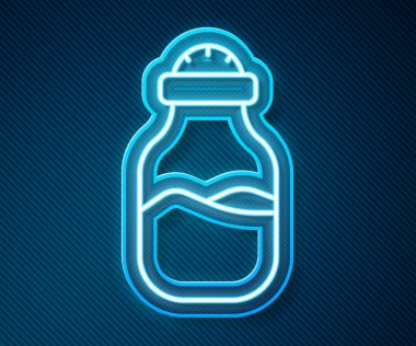 Parlayan neon hattı mavi arkaplanda izole edilmiş Spice in can simgesi. Baharat koleksiyonu. Baharat, cam kutunun içindeki baharatlar. Vektör.