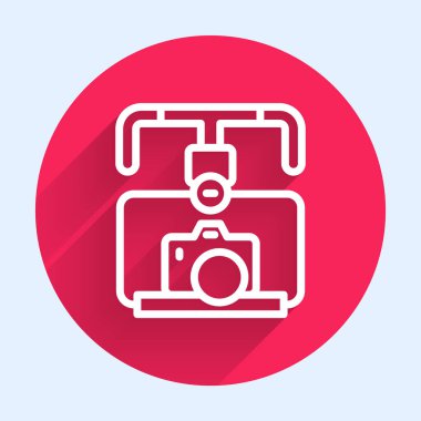 DSLR kamera ikonuyla birlikte uzun gölgeli beyaz çizgi Gimbal dengeleyicisi. Kırmızı daire düğmesi. Vektör.