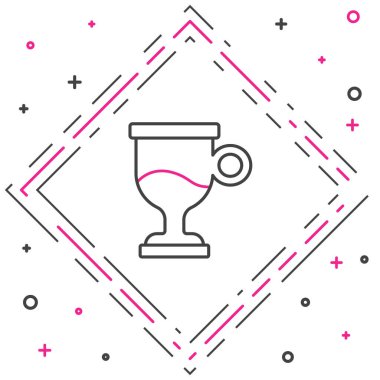 Beyaz arka planda izole edilmiş bir bardak içki ve malzeme ikonu ile servis edilmiş şarap. Tarçın çubuğu, karanfil, limon dilimi. Renkli taslak konsepti. Vektör