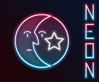 Parlayan neon hattı Ay ve yıldız simgesi siyah arkaplanda izole edildi. Renkli taslak konsepti. Vektör