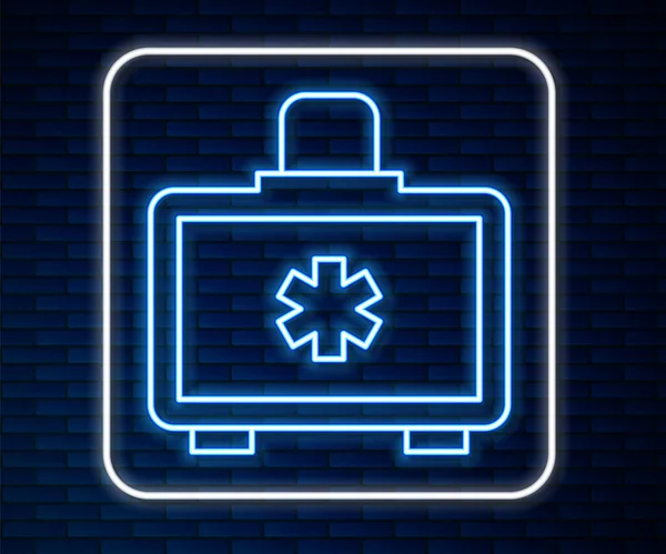 ネオンラインの輝きレンガの壁の背景に隔離された応急処置キットのアイコン クロス付きの医療箱 救急医療機器 医療の概念 ベクトル — ストックベクタ