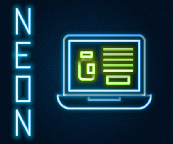 Ragyogó Neon Vonal Drogot Vásárol Online Laptop Ikon Elszigetelt Fekete — Stock Vector