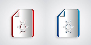 Gri arkaplanda izole edilmiş dişli simgesi olan kağıt kesimi Belge ayarları. Yazılım güncellemesi, transfer protokolü, takım çalışması araç yönetimi. Kağıt sanatı tarzı. Vektör