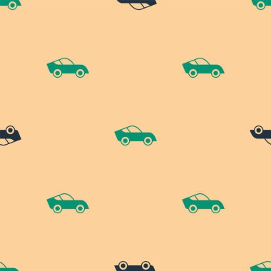 Yeşil ve siyah araba ikonu, bej arka planda pürüzsüz desen izole etti. Vektör