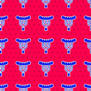 Çatal simgesindeki mavi sosis kırmızı arkaplanda izole edilmiş. Izgara sosis ve aroma işareti. Vektör