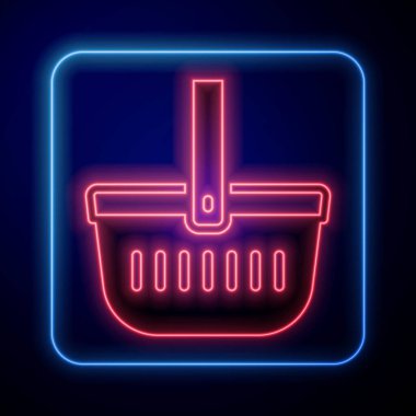 Siyah arkaplanda parlayan neon renkli piknik sepeti simgesi izole edildi. Vektör