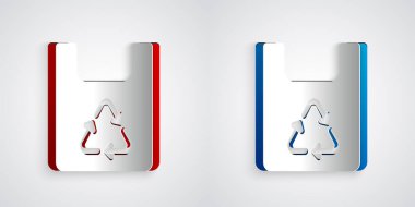 Kağıt kesiği, gri arka planda izole edilmiş geri dönüşüm simgesiyle kağıt kesiği. Geri dönüşüm sembollü çanta. Kağıt sanatı tarzı. Vektör