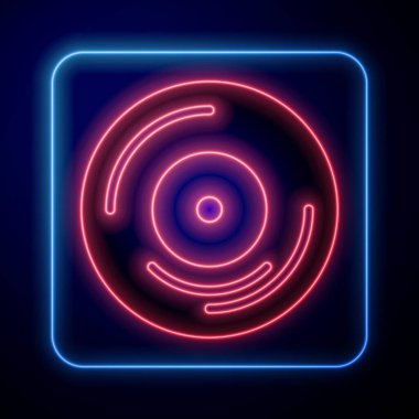 Parlayan neon disk simgesi siyah arkaplanda izole edildi. Vektör