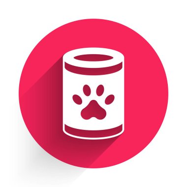 Beyaz konserve yiyecek ikonu uzun gölge arkaplan izole. Hayvanlar için yiyecek. Evcil hayvan yiyeceği kutusu. Kırmızı daire düğmesi. Vektör