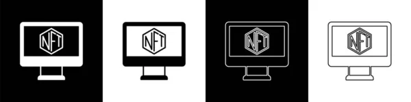 设置监视器与艺术商店应用程序图标隔离的黑白背景 为加密货币销售Nft代币的技术 不可替换的符号概念 — 图库矢量图片
