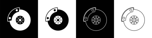 设置汽车制动盘与口径图标隔离在黑色和白色背景 — 图库矢量图片
