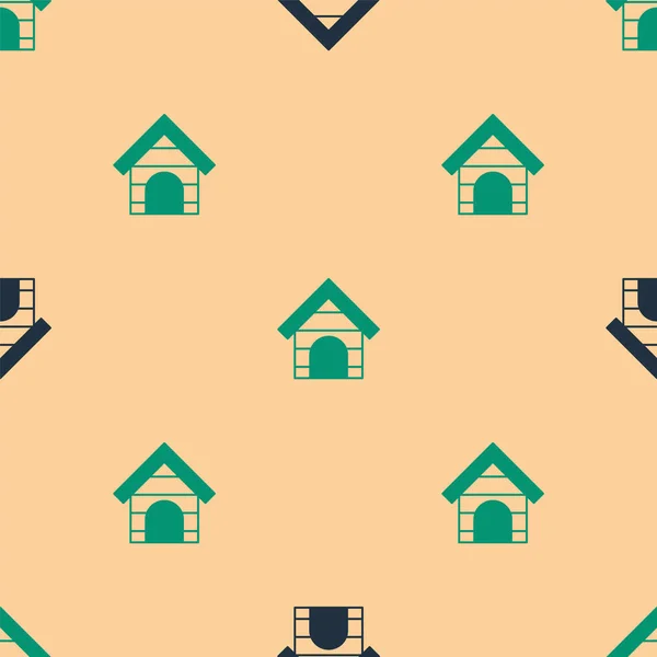 Green Black Dog House Icon Isolated Seamless Pattern Beige Background — Stock Vector