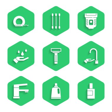 Tıraş bıçağı, temizlik malzemesi için şişe sabun, su musluğu, Epilatör ve diş ipi ikonu ile el yıkama seti. Vektör