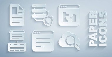 Tarayıcı penceresi, Kırık dosya, Sunucu, Veri, Web Sunucusu, Arama Bulutu hesaplama ve teçhizat ve Dosya belge simgesini ayarla. Vektör