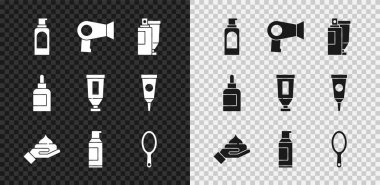 Saç spreyi, saç kurutma makinesi, krem losyon kozmetik tüpü, el aynası ve ikon için sprey ayarlayın. Vektör