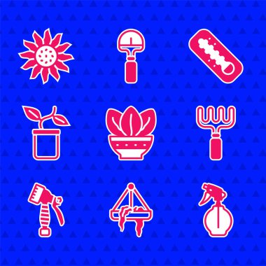 Saksı, asılma, su püskürtme şişesi, bahçe tırmığı, meteoroloji termometresi ve çiçek ikonu koyun. Vektör