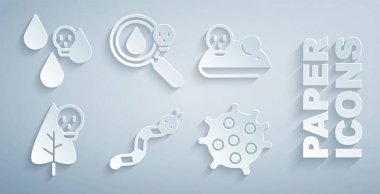 Set Yılan, Deneysel Fare, Zehirli Çiçek, Bakteri, Büyüteç ve Asit yağmur ikonu. Vektör