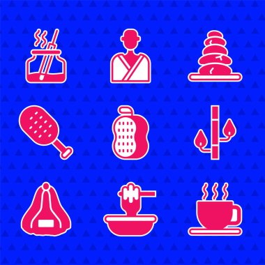 Yıkama bezi, kase, çay fincanı, bambu, sauna şapkası, fırça, yığınla sıcak taş ve Aroma difüzyon ikonu. Vektör