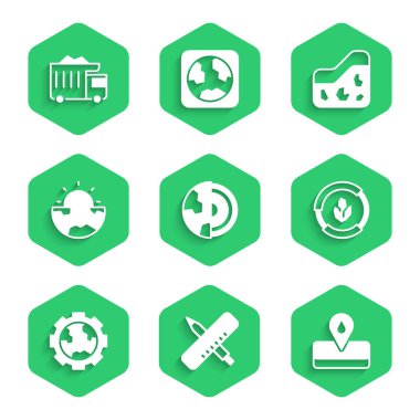 Dünya 'nın çekirdek kabuğunu, çapraz cetvel ve kalemi, petrol sahasını, toprak analizini, dişli çarklarını, toprak ve maden kamyonu ikonunu ayarla. Vektör