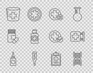 Şişe burun spreyi, DNA sembolü, Cross hastanesi tıbbi tıbbi termometresi, haçlı hemşire şapkası, ilaç şurubu, pano klinik kaydı ve hastane tabela ikonu. Vektör