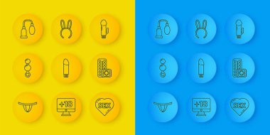 Set line Woman panties, Anal beads, Dildo vibrator, Heart with text Sex, Birth control pills and condom, Penis pump,  and Mask long bunny ears icon. Vector