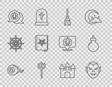 Line Eye, Vampire, Witches broom, Neptune Trident, Pumpkin, Ancient Magic Book, Castle and Bomb ikonu patlatmaya hazır. Vektör