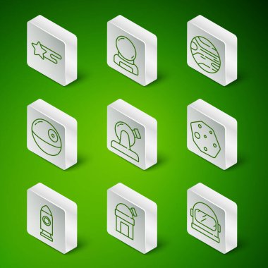 Çizgi çizgisi Astronot miğferi, Astronomik gözlemevi, Kayan Yıldız, Ölüm, Roket gemisi ve Asteroid ikonu. Vektör