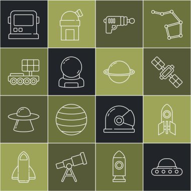 UFO uçan uzay gemisi, Roket, uydu, ışın silahı, astronot miğferi, Mars gezgini ve Satürn ikonu. Vektör