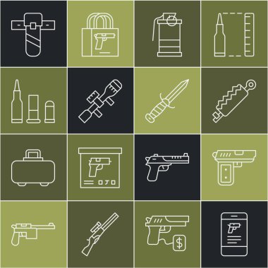 Mobil uygulama, tabanca ya da silah, tuzak avı, el bombası, optik nişancı görüşü, kurşun, bıçak kılıfı ve askeri bıçak ikonu. Vektör