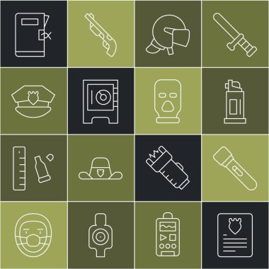 Tutuklama emri, el feneri, biber gazı, polis kaskı, papağan başlığı, istasyon klasörü ve kar maskesi. Vektör