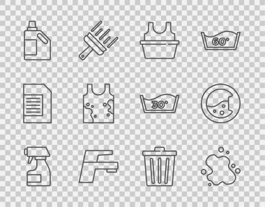 Hat temizleme sprey şişesi, su dökülmesi, gömlekli leğen, musluk suyu, temizlik malzemesi şişesi, kirli tişört, çöp tenekesi ve çamaşır makinesi ikonu. Vektör