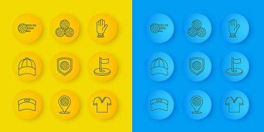 Güneş şapkası, beysbol, kalkanlı golf, tişört, delik bayrağı, eldiven ve ikon. Vektör