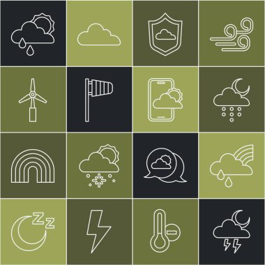Fırtına, Gökkuşağı bulutlu ve yağmurlu, Bulut ayı, Hava tahminleri, Koni rüzgâr gülleri, Rüzgar türbini, güneş ve ikon. Vektör