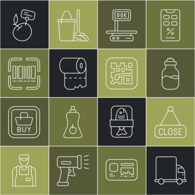 Hat teslimat kamyonu, Kapalı, Baharat kutusu, Elektronik pullar, Tuvalet kağıdı rulosu, Tarayıcı tarama barkodu, Süpermarket ürünleri fiyat etiketi ve QR simgesi ile asılma tabelası. Vektör