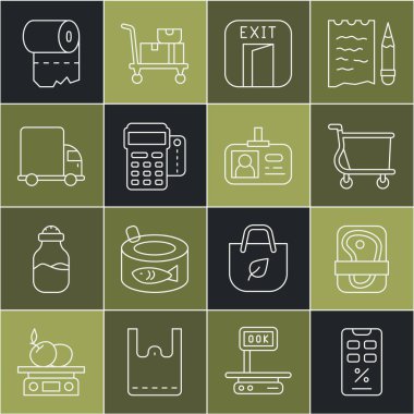 İndirim ve cep telefonu, et ambalajı, alışveriş arabası, yangın çıkışı, kredi kartlı POS terminali, teslimat kargo kamyonu, tuvalet kağıdı rulosu ve kimlik kartı ikonu. Vektör