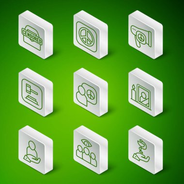 Caduceus yılan tıbbı, casus, ajan, sansürlü pul, barış görüşmeleri, hakim tokmağı elinde hayat sigortası ve fotoğraf çerçevesi ikonu. Vektör