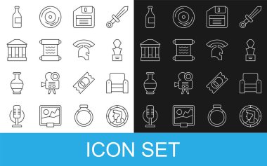 Set hattı Kadim madeni para, Kol Sandalyesi, Alçıtaşı heykel büstü, Disket, Papirüs parşömeni, Müze binası, bir şişe şarap ve Roma askeri miğfer ikonu. Vektör